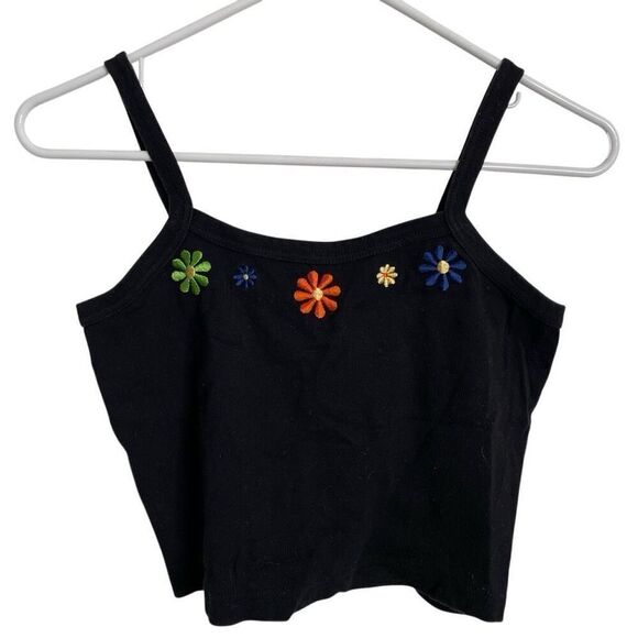 Vtg Y2K Juniors Embroidered Daisy Cotton Cropped Tank L Black Retro Daisycore - Picture 1 of 6